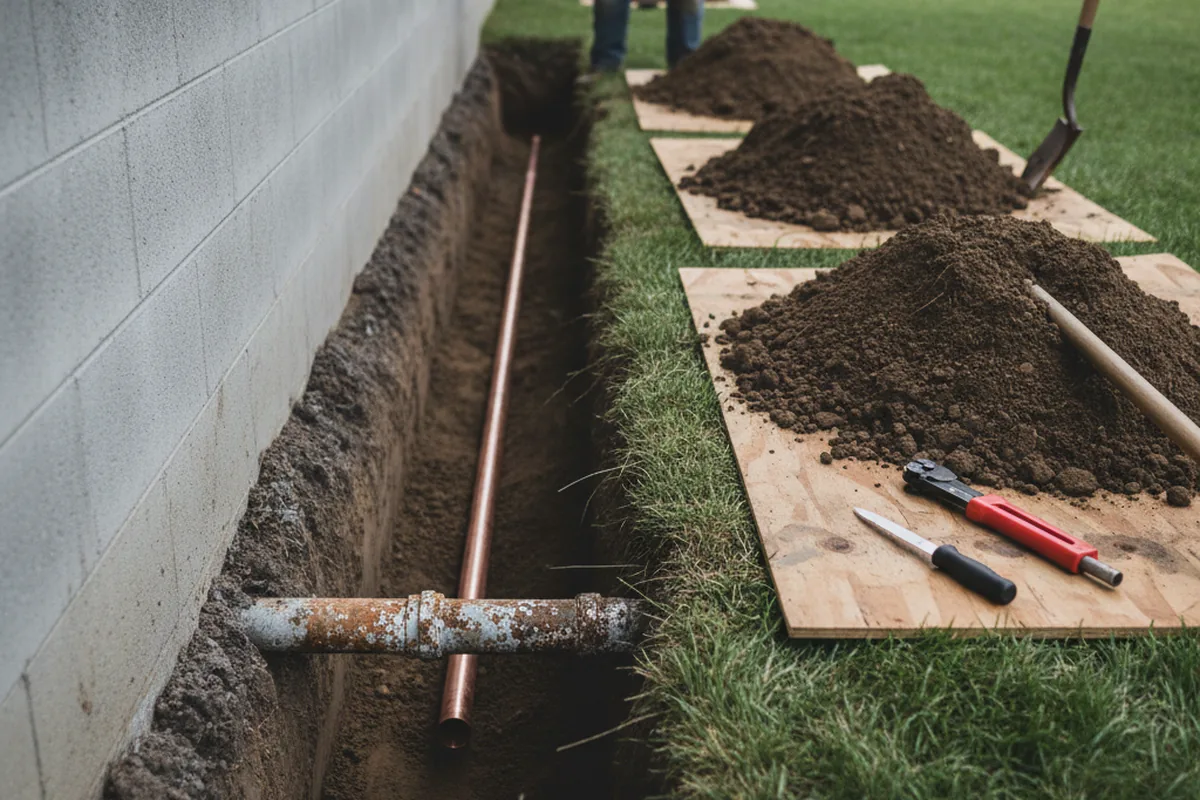 Excavated water line trench during Water Heater Repair in Turner